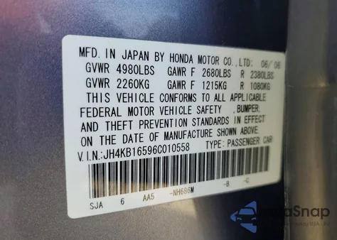 2006 Acura Rl из США, поврежденный, VIN JH4KB16596C010558